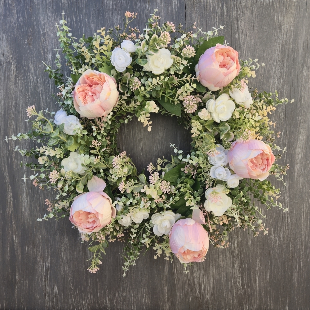 Handmade Cottage Style Elegant Pink and White Floral Wreath